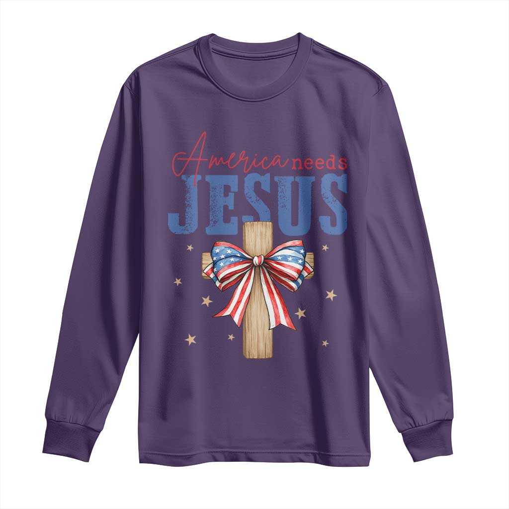 Funny America Needs Jesus Long Sleeve Shirt 4th Of July Patriotic Christian Coquette Bow TS11 Purple Print Your Wear