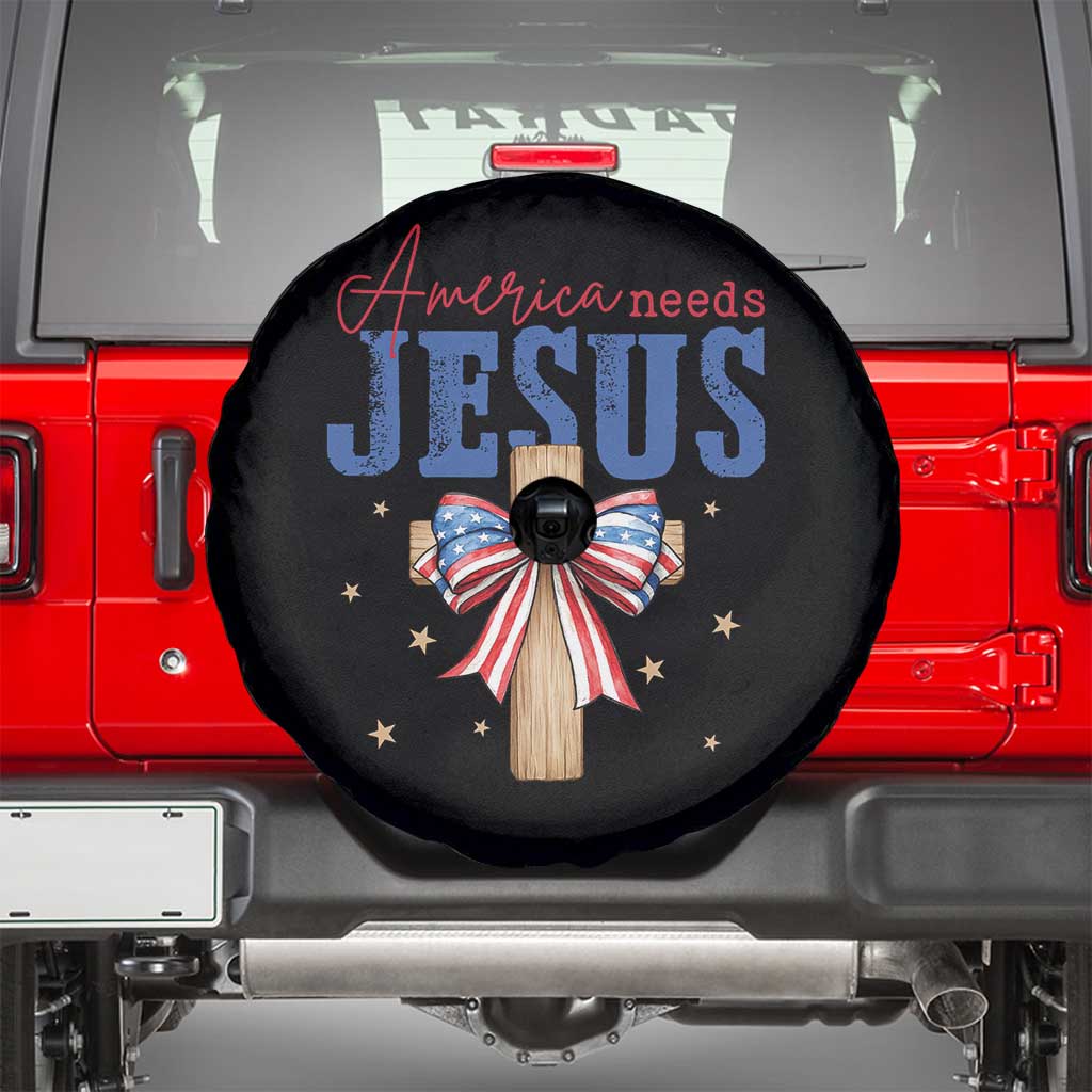 Funny America Needs Jesus Spare Tire Cover 4th Of July Patriotic Christian Coquette Bow TS11 Black Print Your Wear