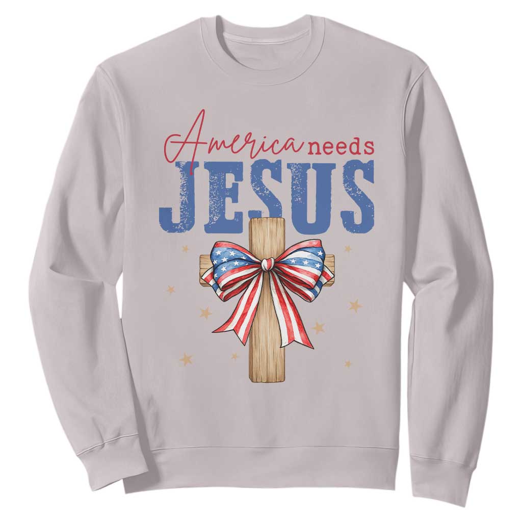 Funny America Needs Jesus Sweatshirt 4th Of July Patriotic Christian Coquette Bow TS11 Ice Gray Print Your Wear
