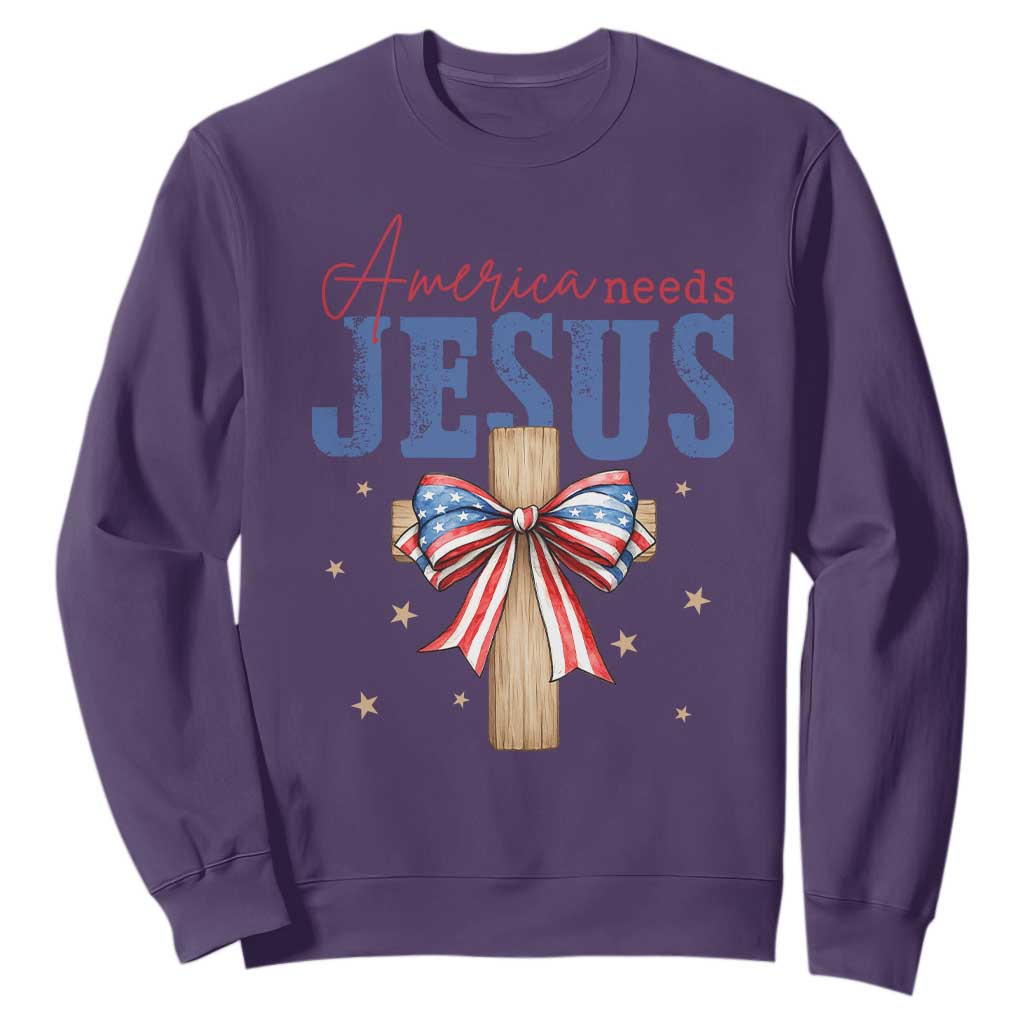 Funny America Needs Jesus Sweatshirt 4th Of July Patriotic Christian Coquette Bow TS11 Purple Print Your Wear