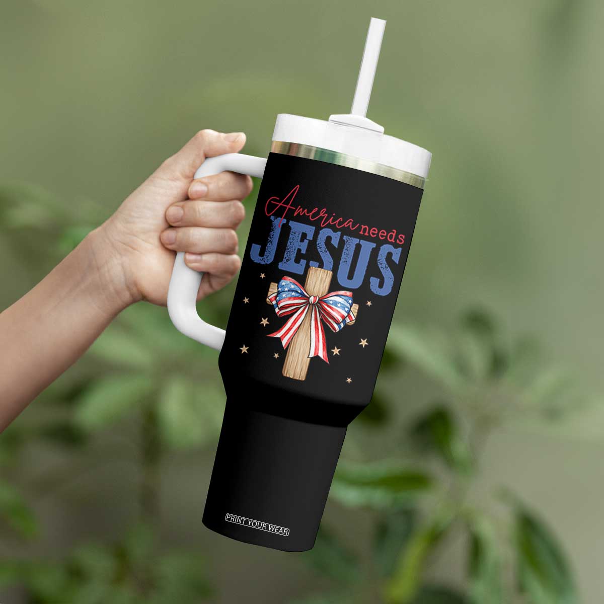 Funny America Needs Jesus Tumbler With Handle 4th Of July Patriotic Christian Coquette Bow TS11 Print Your Wear