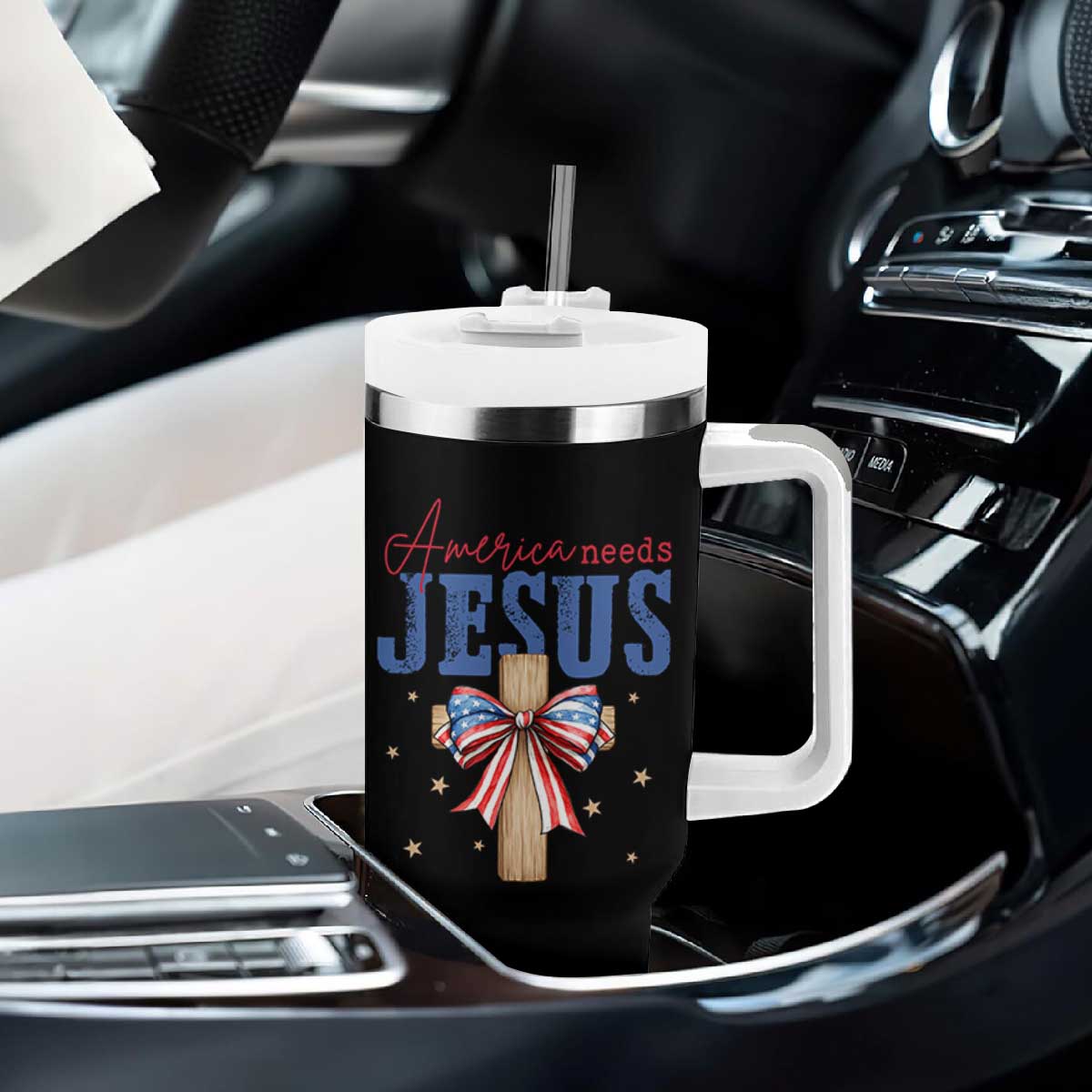 Funny America Needs Jesus Tumbler With Handle 4th Of July Patriotic Christian Coquette Bow TS11 Print Your Wear
