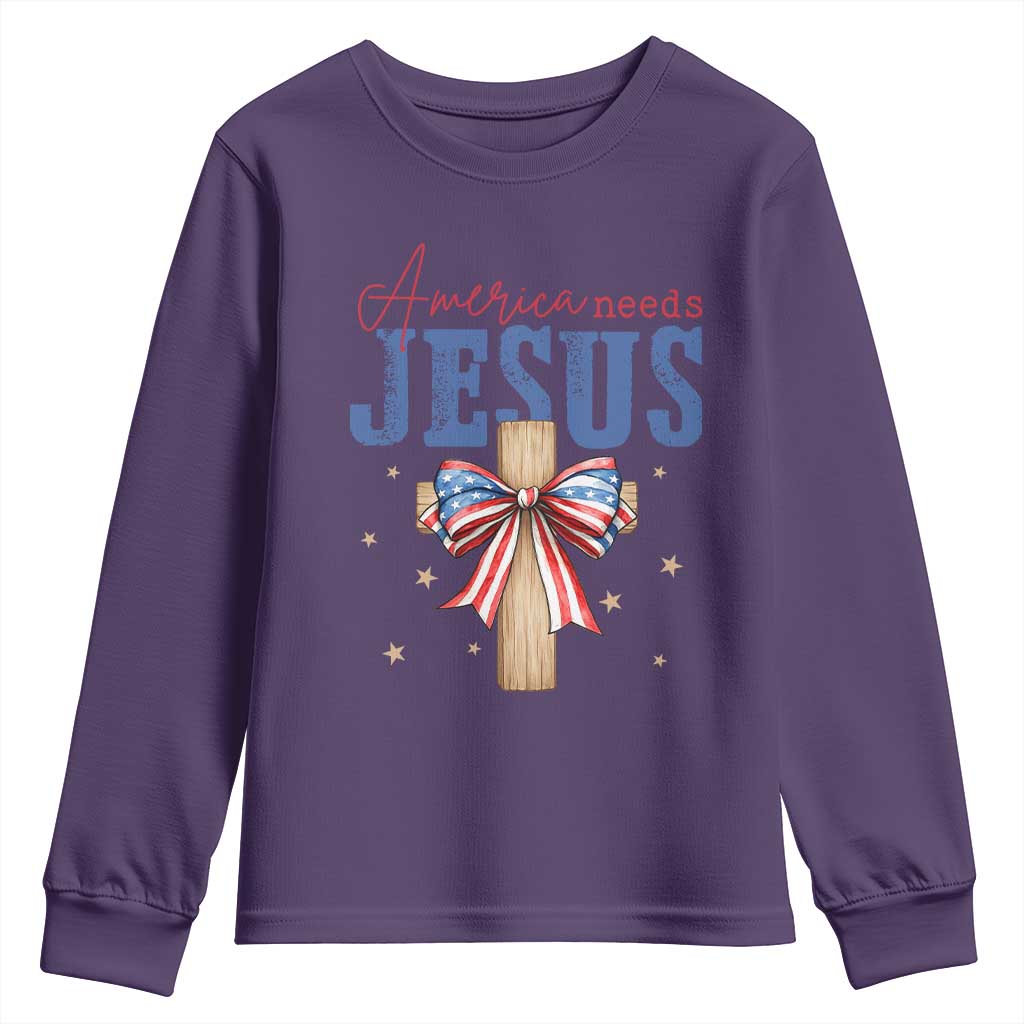 Funny America Needs Jesus Youth Sweatshirt 4th Of July Patriotic Christian Coquette Bow TS11 Purple Print Your Wear