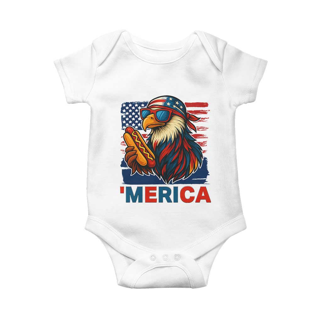 Funny American Eagle Eating Hot Dog Baby Onesie 4th Of July Party Patriotic USA Flag TS02 White Print Your Wear