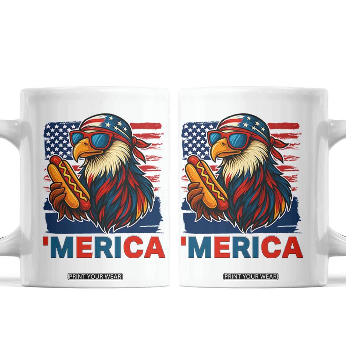 Funny American Eagle Eating Hot Dog Coffee Mug 4th Of July Party Patriotic USA Flag TS02 White Print Your Wear