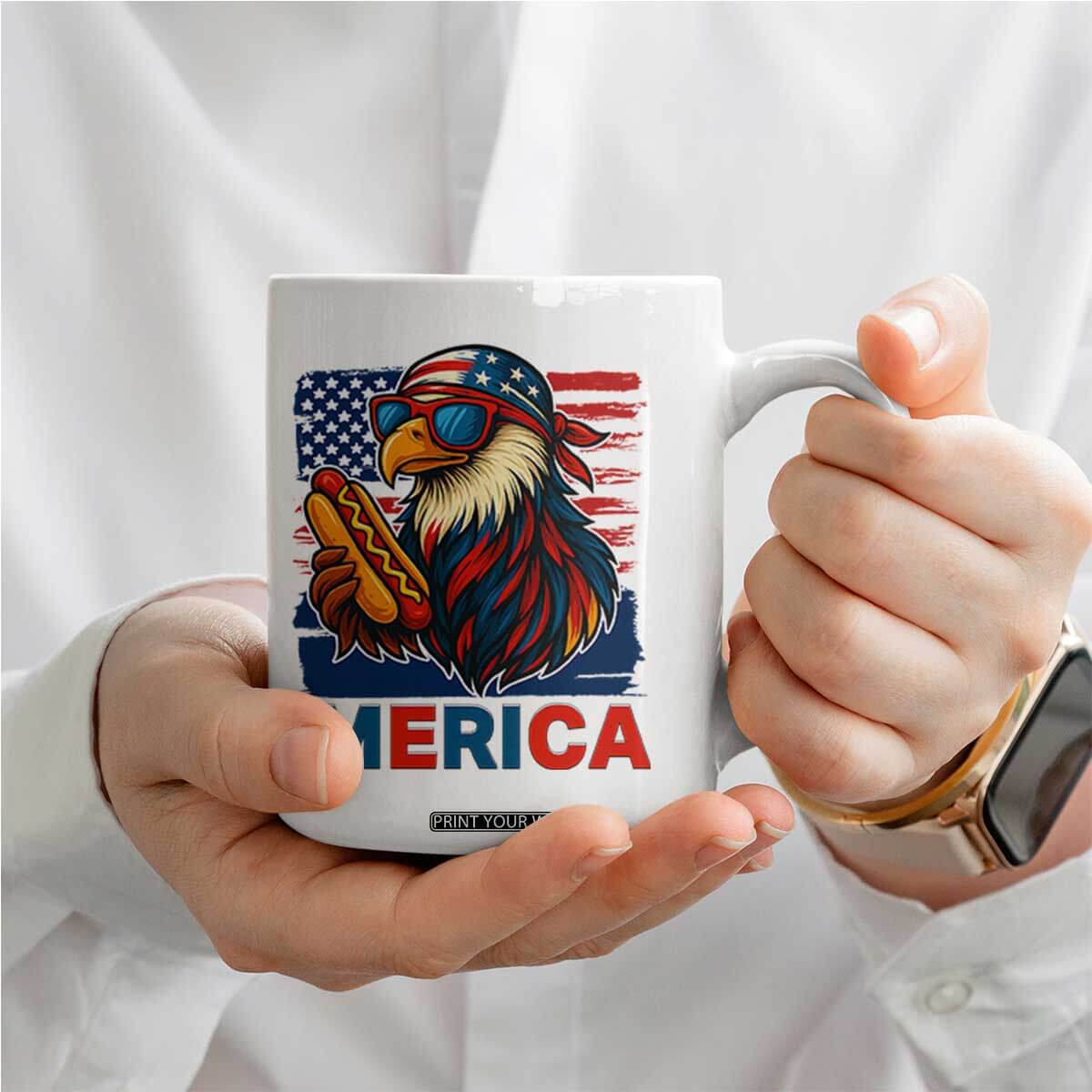 Funny American Eagle Eating Hot Dog Coffee Mug 4th Of July Party Patriotic USA Flag TS02 Print Your Wear