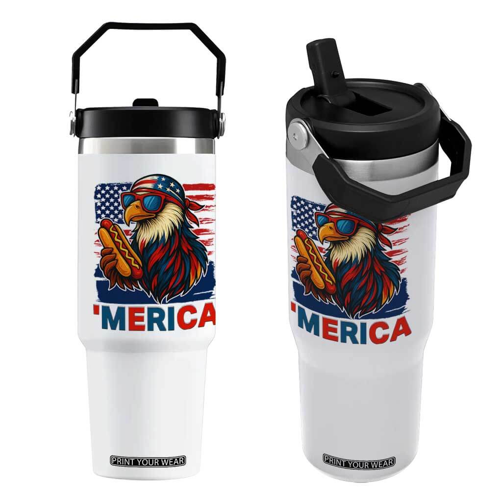 Funny American Eagle Eating Hot Dog Flip Straw Tumbler 4th Of July Party Patriotic USA Flag TS02 One Size: 30 oz White Print Your Wear