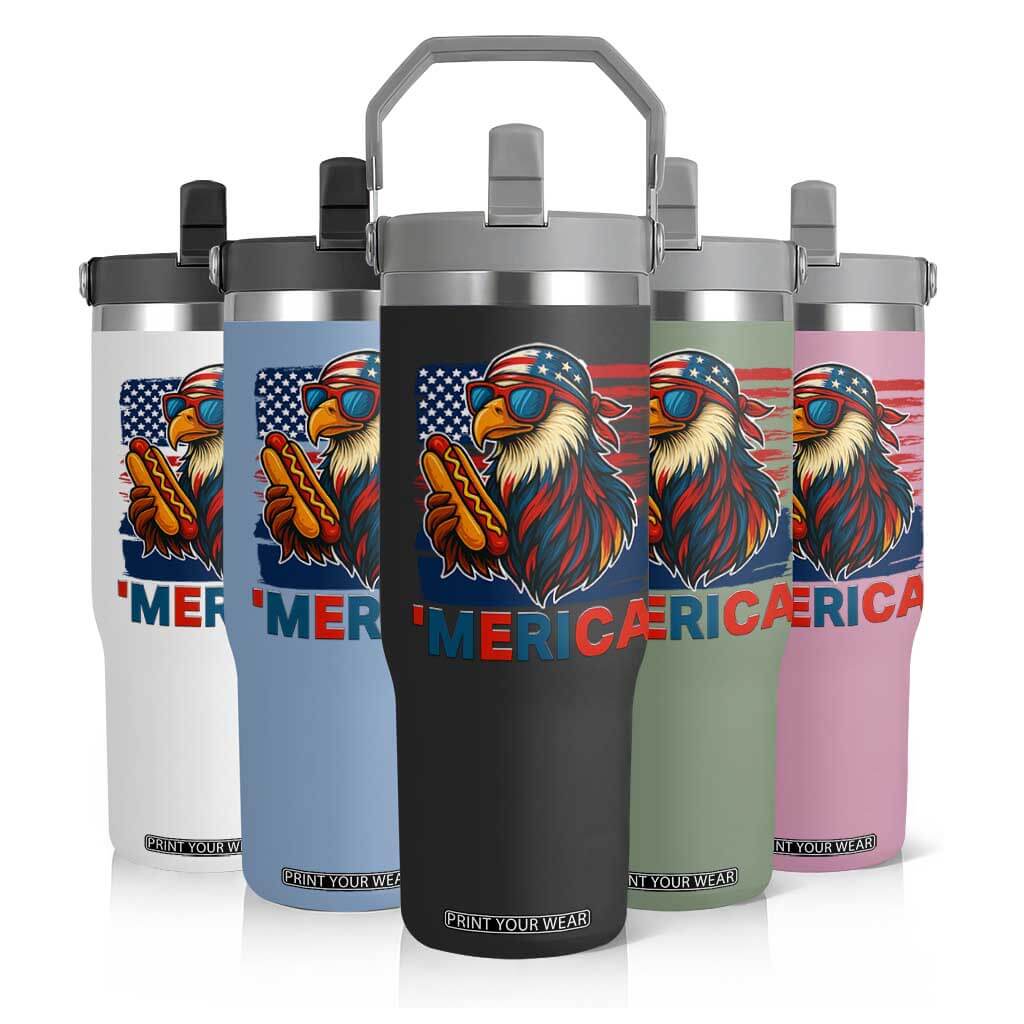 Funny American Eagle Eating Hot Dog Flip Straw Tumbler 4th Of July Party Patriotic USA Flag TS02 Print Your Wear