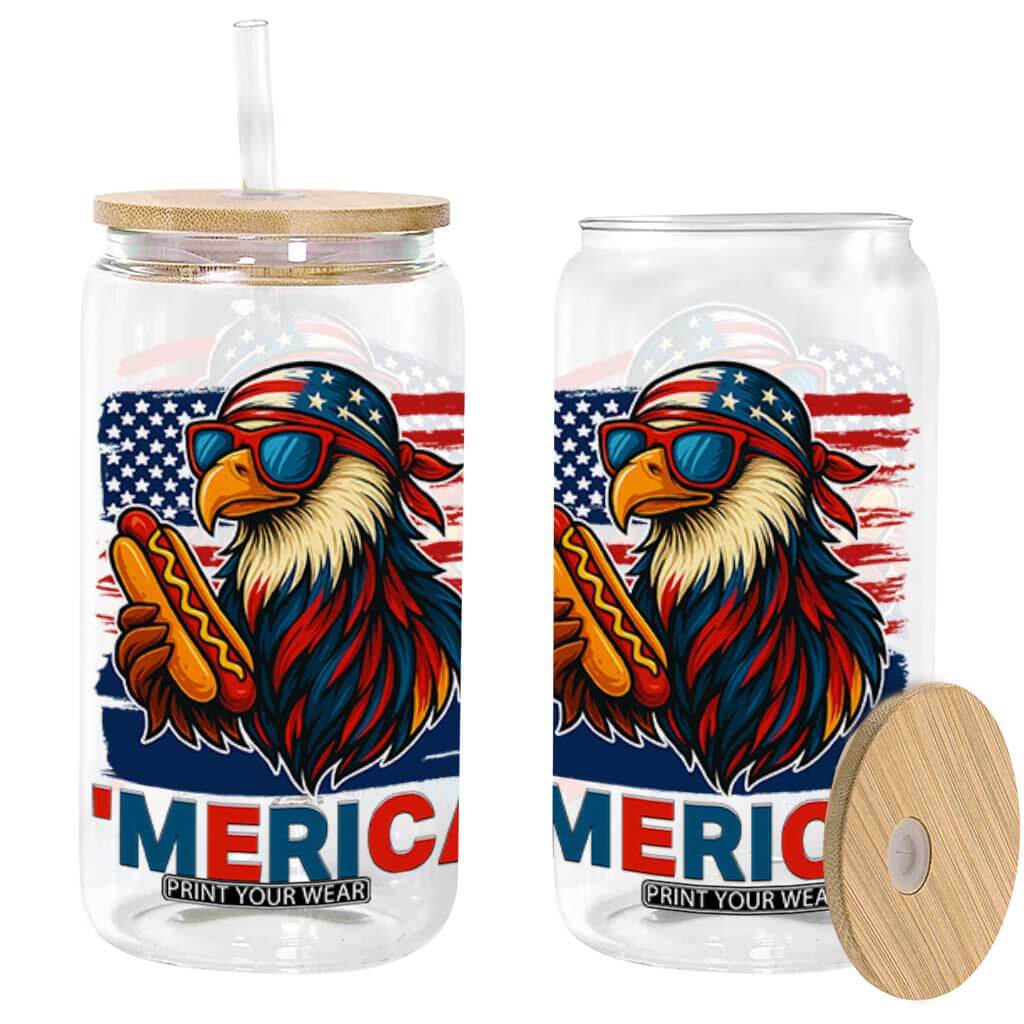 Funny American Eagle Eating Hot Dog Glass Can 4th Of July Party Patriotic USA Flag TS02 White Print Your Wear