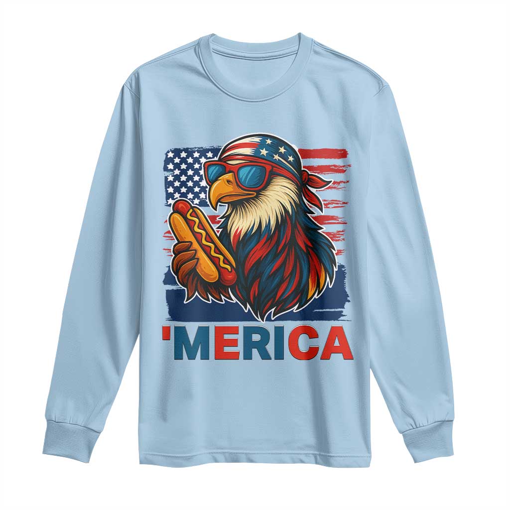 Funny American Eagle Eating Hot Dog Long Sleeve Shirt 4th Of July Party Patriotic USA Flag TS02 Light Blue Print Your Wear