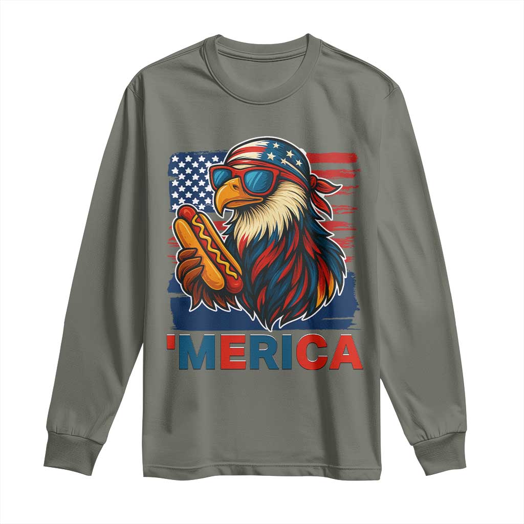 Funny American Eagle Eating Hot Dog Long Sleeve Shirt 4th Of July Party Patriotic USA Flag TS02 Military Green Print Your Wear
