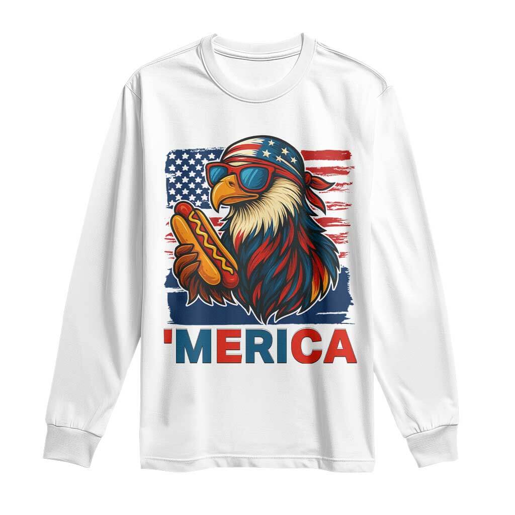 Funny American Eagle Eating Hot Dog Long Sleeve Shirt 4th Of July Party Patriotic USA Flag TS02 White Print Your Wear