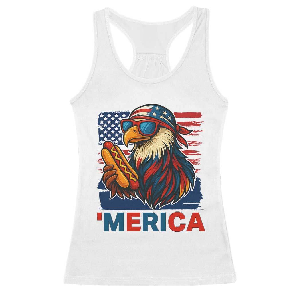 Funny American Eagle Eating Hot Dog Racerback Tank Top 4th Of July Party Patriotic USA Flag TS02 White Print Your Wear