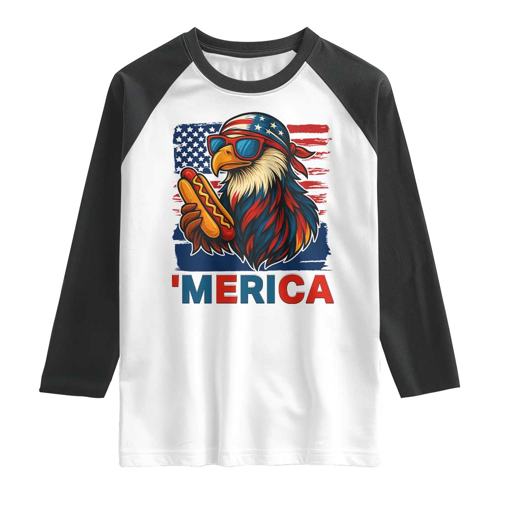 Funny American Eagle Eating Hot Dog Raglan Shirt 4th Of July Party Patriotic USA Flag TS02 White Black Print Your Wear
