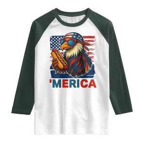 Funny American Eagle Eating Hot Dog Raglan Shirt 4th Of July Party Patriotic USA Flag TS02 White Dark Forest Green Print Your Wear