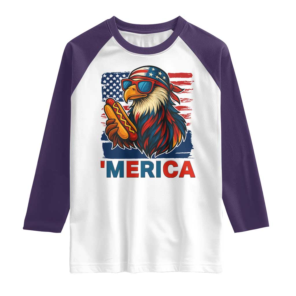 Funny American Eagle Eating Hot Dog Raglan Shirt 4th Of July Party Patriotic USA Flag TS02 White Purple Print Your Wear
