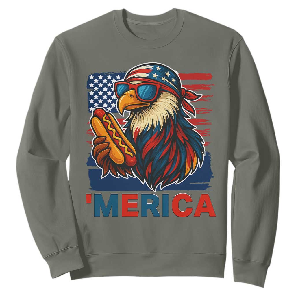 Funny American Eagle Eating Hot Dog Sweatshirt 4th Of July Party Patriotic USA Flag TS02 Military Green Print Your Wear