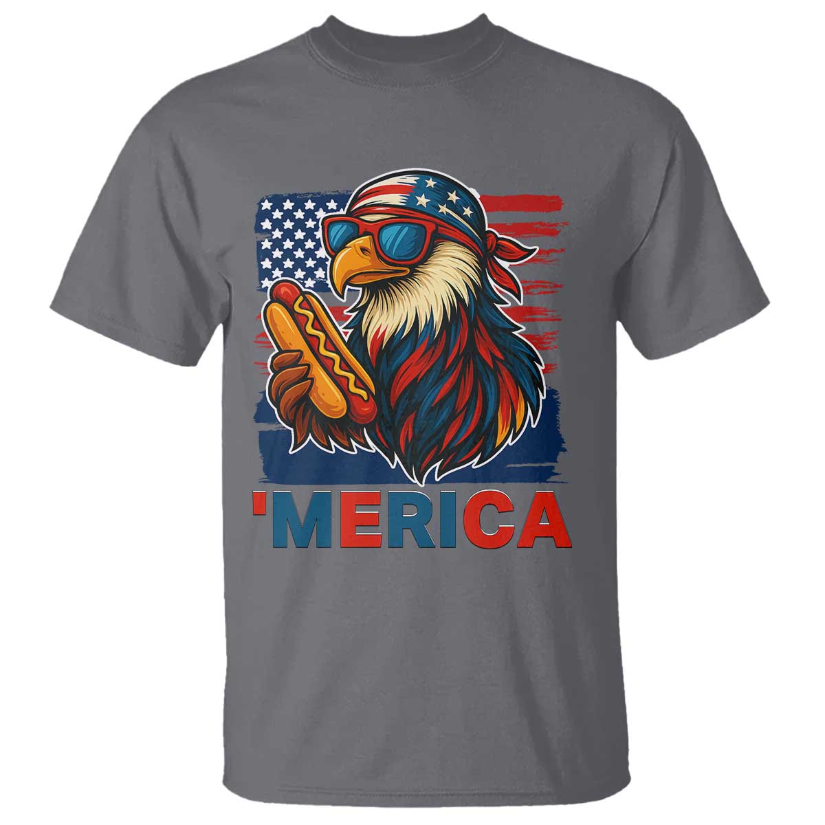 Funny American Eagle Eating Hot Dog T Shirt 4th Of July Party Patriotic USA Flag TS02 Charcoal Print Your Wear