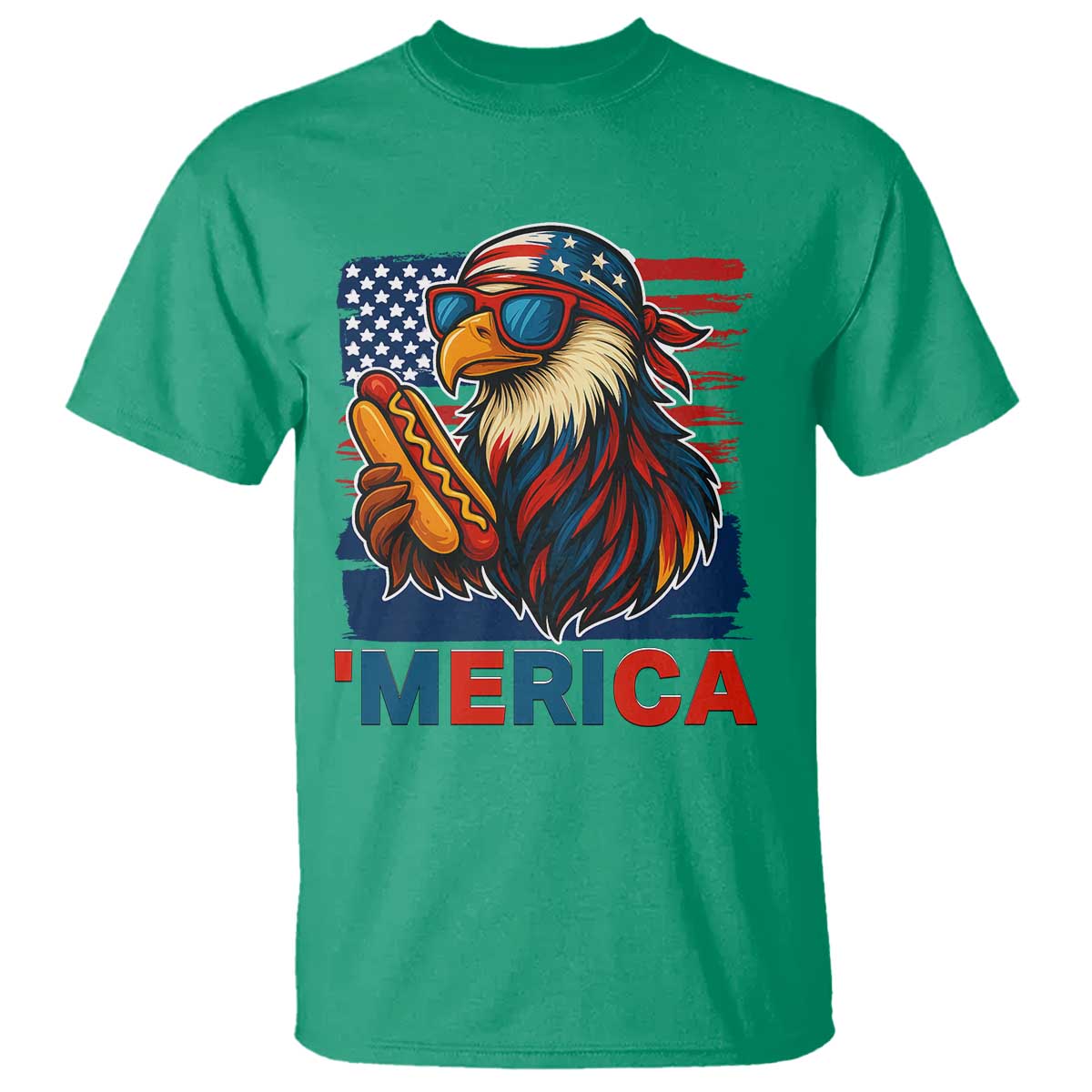Funny American Eagle Eating Hot Dog T Shirt 4th Of July Party Patriotic USA Flag TS02 Irish Green Print Your Wear