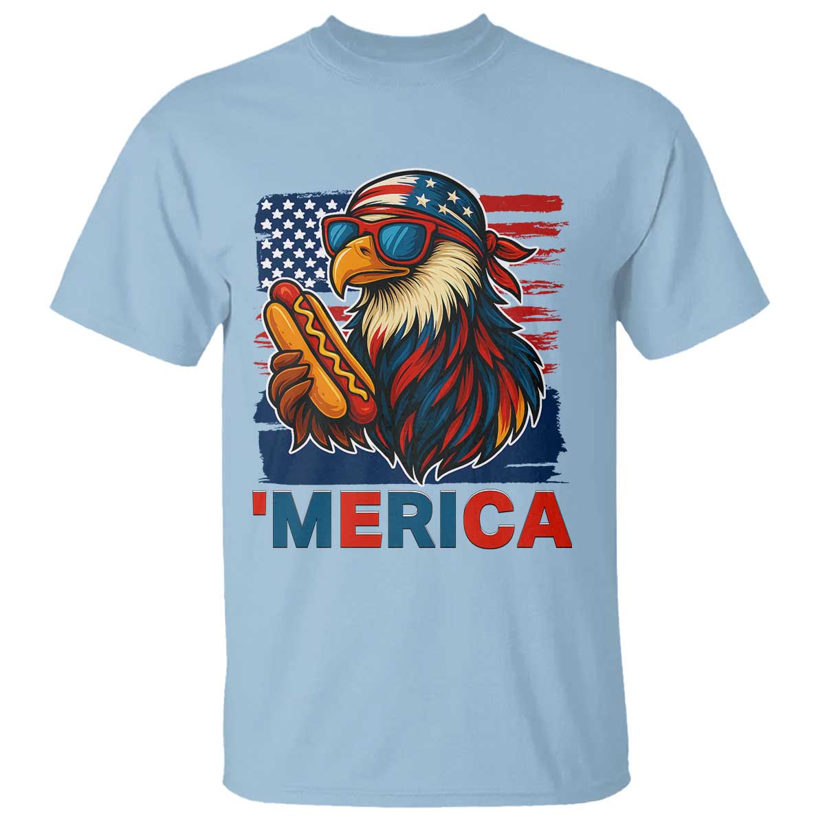 Funny American Eagle Eating Hot Dog T Shirt 4th Of July Party Patriotic USA Flag TS02 Light Blue Print Your Wear