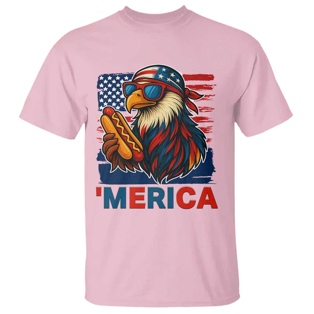Funny American Eagle Eating Hot Dog T Shirt 4th Of July Party Patriotic USA Flag TS02 Light Pink Print Your Wear