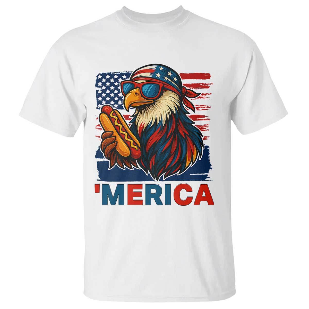 Funny American Eagle Eating Hot Dog T Shirt 4th Of July Party Patriotic USA Flag TS02 White Print Your Wear