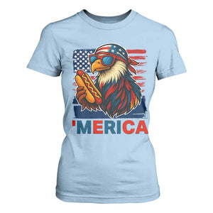 Funny American Eagle Eating Hot Dog T Shirt For Women 4th Of July Party Patriotic USA Flag TS02 Light Blue Print Your Wear
