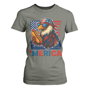 Funny American Eagle Eating Hot Dog T Shirt For Women 4th Of July Party Patriotic USA Flag TS02 Military Green Print Your Wear