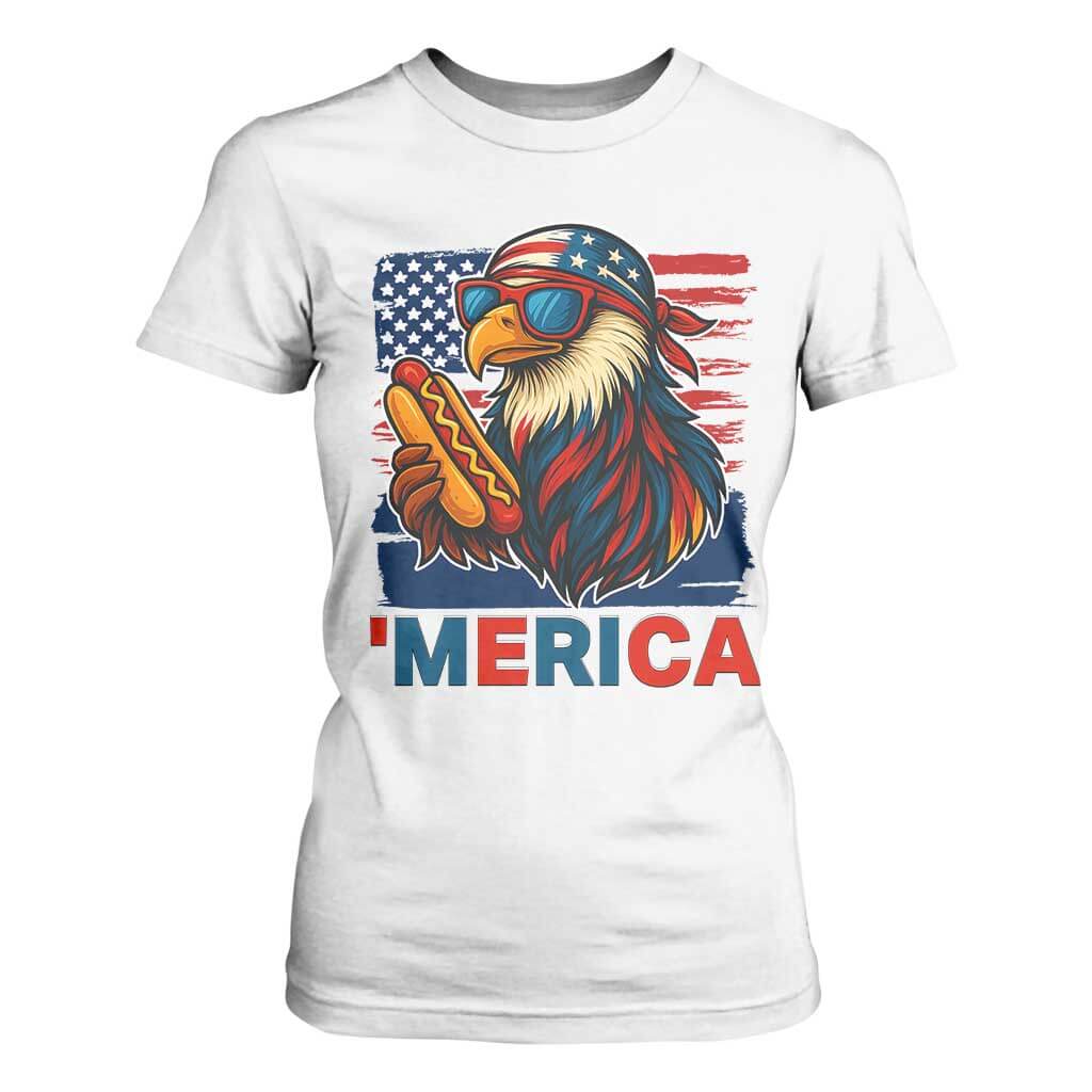 Funny American Eagle Eating Hot Dog T Shirt For Women 4th Of July Party Patriotic USA Flag TS02 White Print Your Wear
