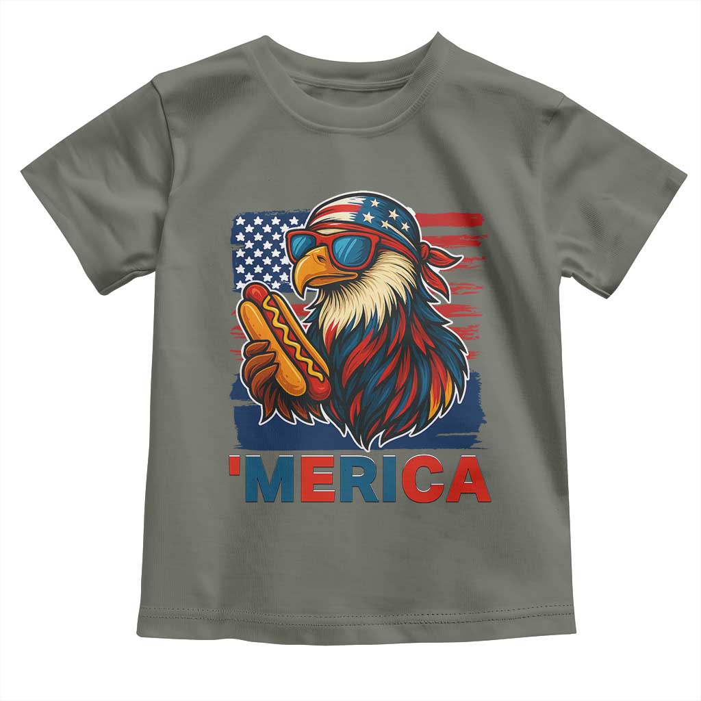 Funny American Eagle Eating Hot Dog Toddler T Shirt 4th Of July Party Patriotic USA Flag TS02 Military Green Print Your Wear