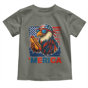 Funny American Eagle Eating Hot Dog Toddler T Shirt 4th Of July Party Patriotic USA Flag TS02 Military Green Print Your Wear