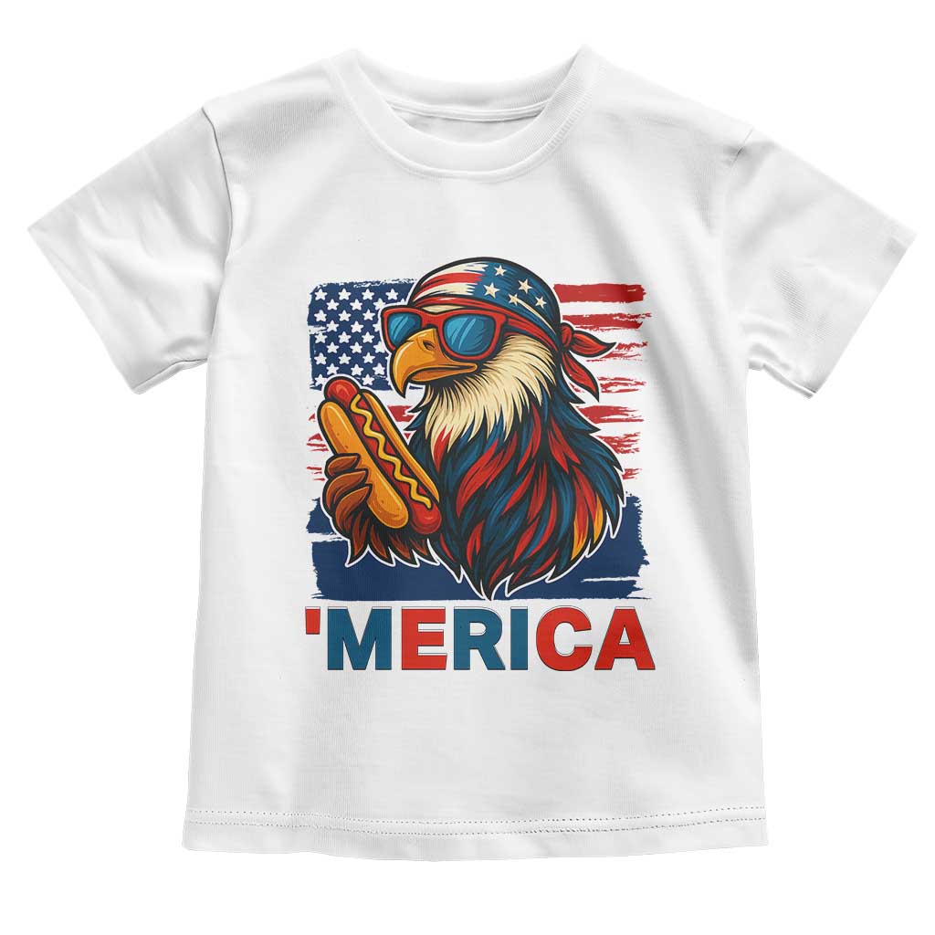 Funny American Eagle Eating Hot Dog Toddler T Shirt 4th Of July Party Patriotic USA Flag TS02 White Print Your Wear