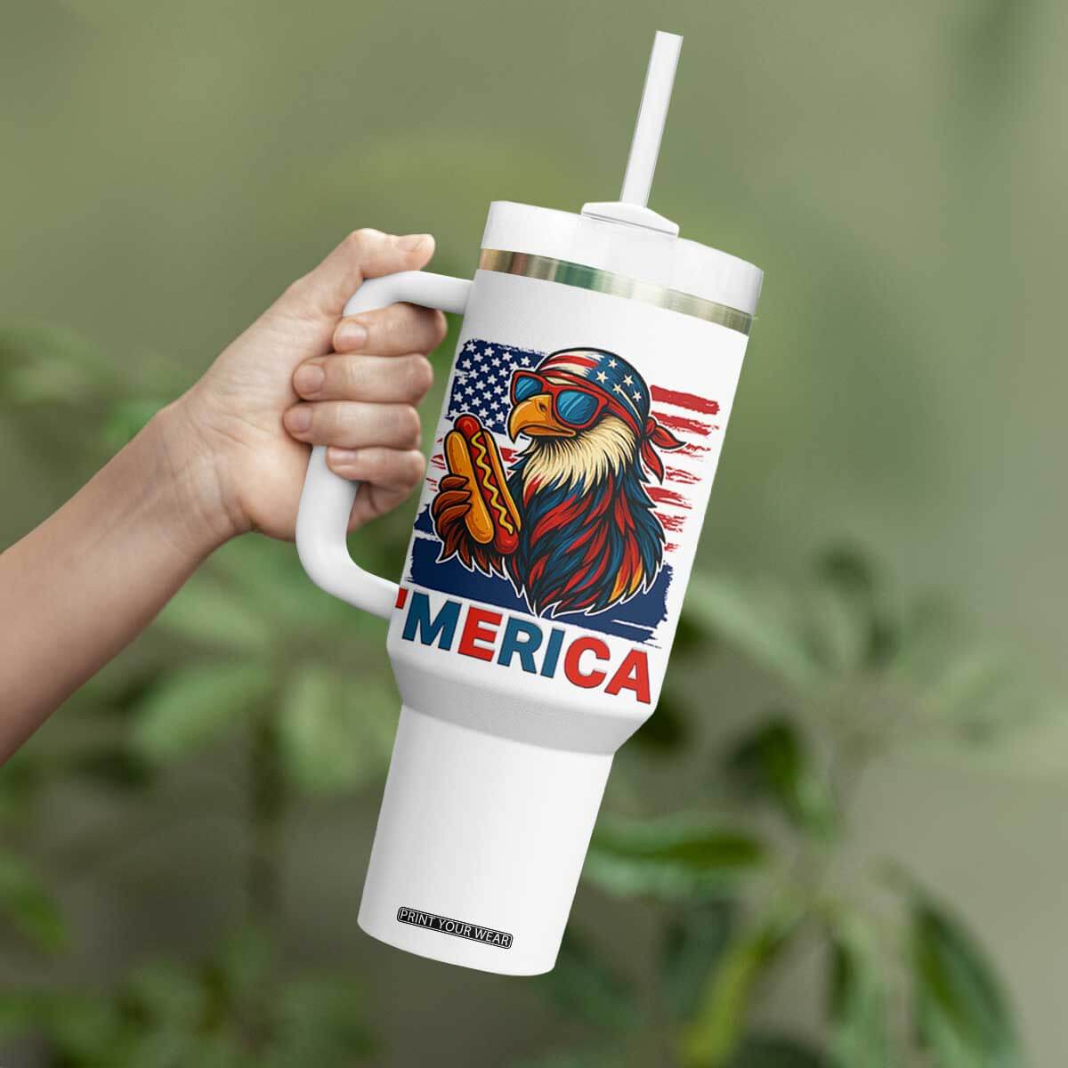 Funny American Eagle Eating Hot Dog Tumbler With Handle 4th Of July Party Patriotic USA Flag TS02 Print Your Wear