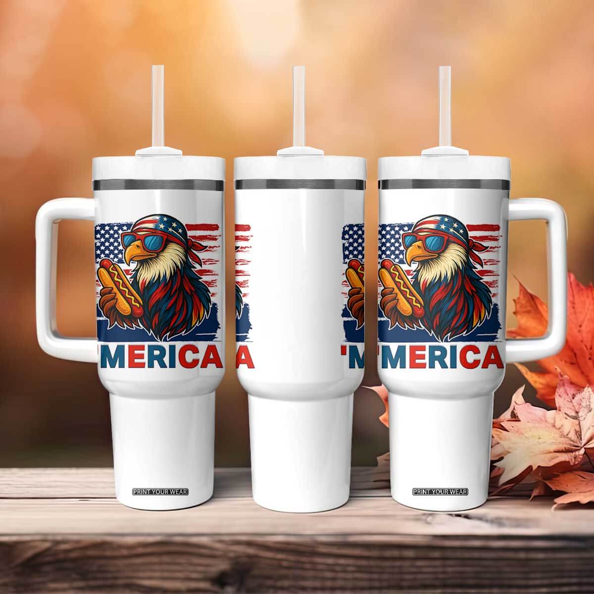 Funny American Eagle Eating Hot Dog Tumbler With Handle 4th Of July Party Patriotic USA Flag TS02 Print Your Wear