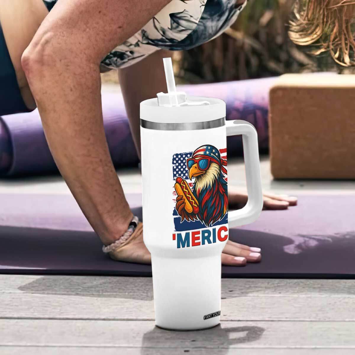 Funny American Eagle Eating Hot Dog Tumbler With Handle 4th Of July Party Patriotic USA Flag TS02 Print Your Wear