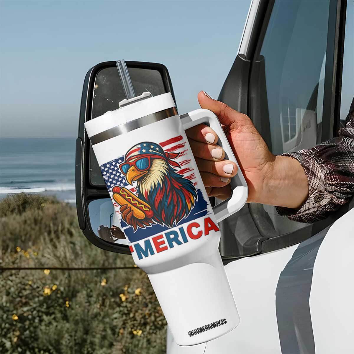 Funny American Eagle Eating Hot Dog Tumbler With Handle 4th Of July Party Patriotic USA Flag TS02 Print Your Wear