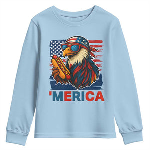 Funny American Eagle Eating Hot Dog Youth Sweatshirt 4th Of July Party Patriotic USA Flag TS02 Light Blue Print Your Wear