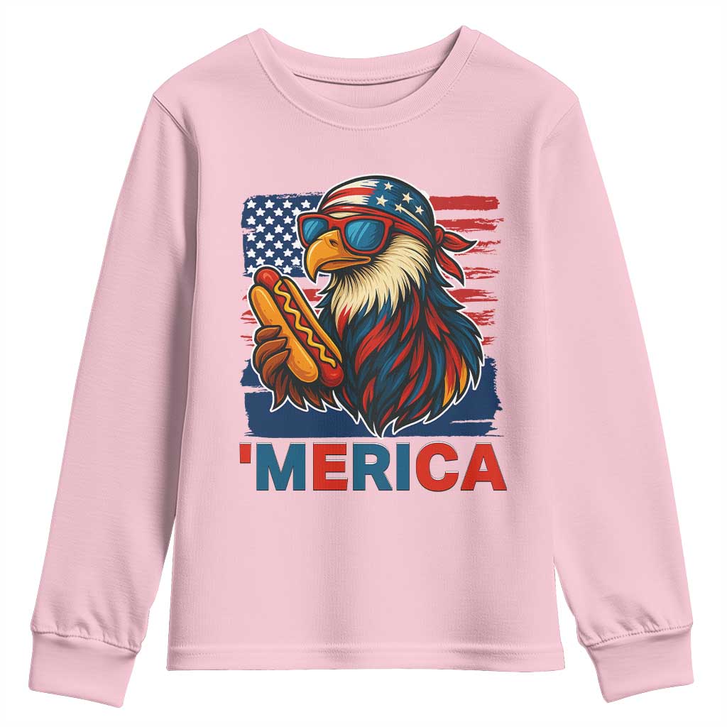 Funny American Eagle Eating Hot Dog Youth Sweatshirt 4th Of July Party Patriotic USA Flag TS02 Light Pink Print Your Wear