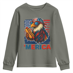Funny American Eagle Eating Hot Dog Youth Sweatshirt 4th Of July Party Patriotic USA Flag TS02 Military Green Print Your Wear