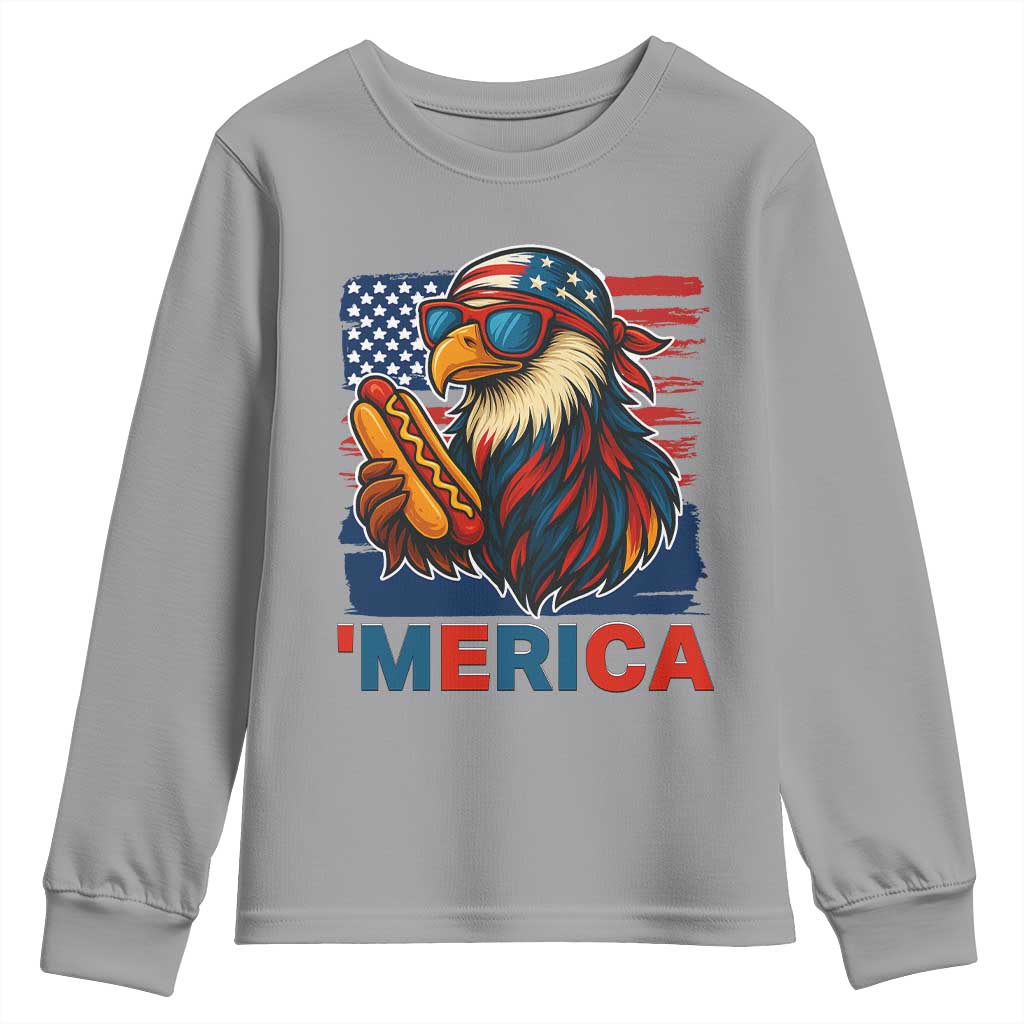 Funny American Eagle Eating Hot Dog Youth Sweatshirt 4th Of July Party Patriotic USA Flag TS02 Sport Gray Print Your Wear