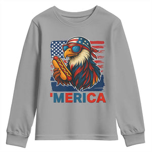 Funny American Eagle Eating Hot Dog Youth Sweatshirt 4th Of July Party Patriotic USA Flag TS02 Sport Gray Print Your Wear