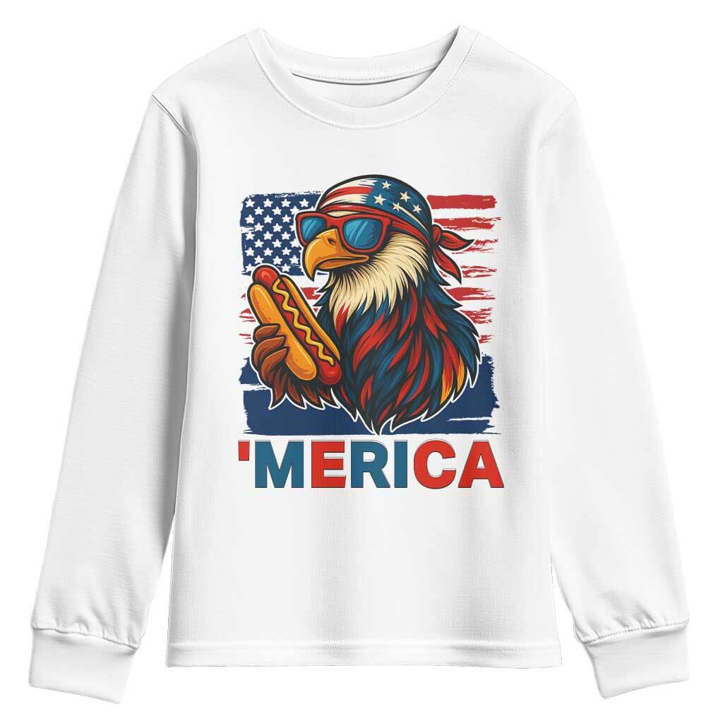 Funny American Eagle Eating Hot Dog Youth Sweatshirt 4th Of July Party Patriotic USA Flag TS02 White Print Your Wear