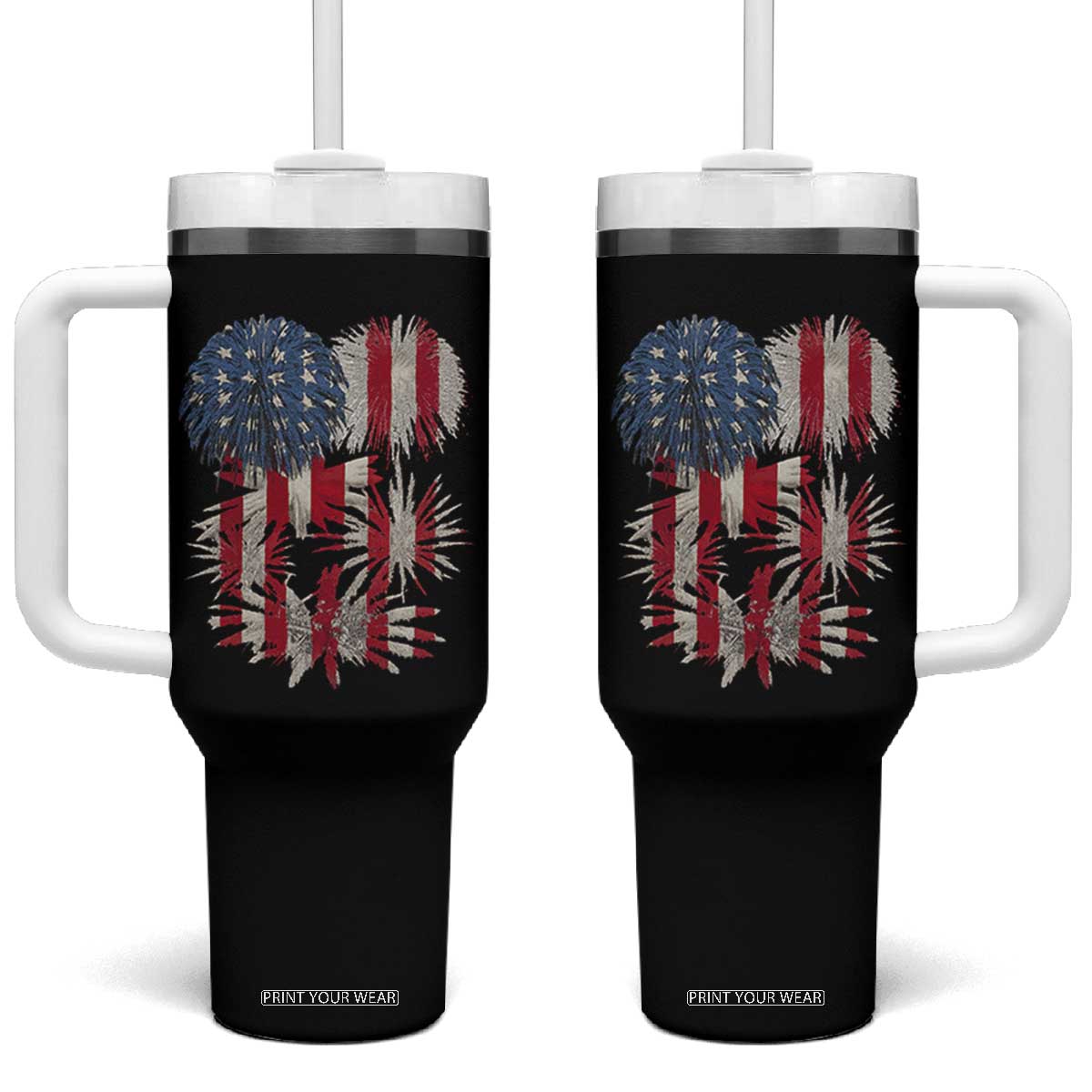 Funny American Fireworks Patriotic July 4th US Flag Tumbler With Handle TS11 One Size: 40 oz Black Print Your Wear