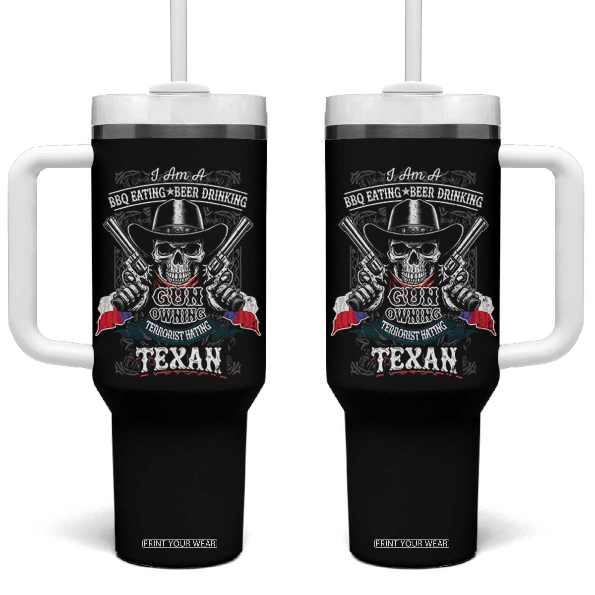 Funny American Texan Tumbler With Handle I Am A BBQ Eating Beer Drinking Gun Owning Texan TS11 One Size: 40 oz Black Print Your Wear
