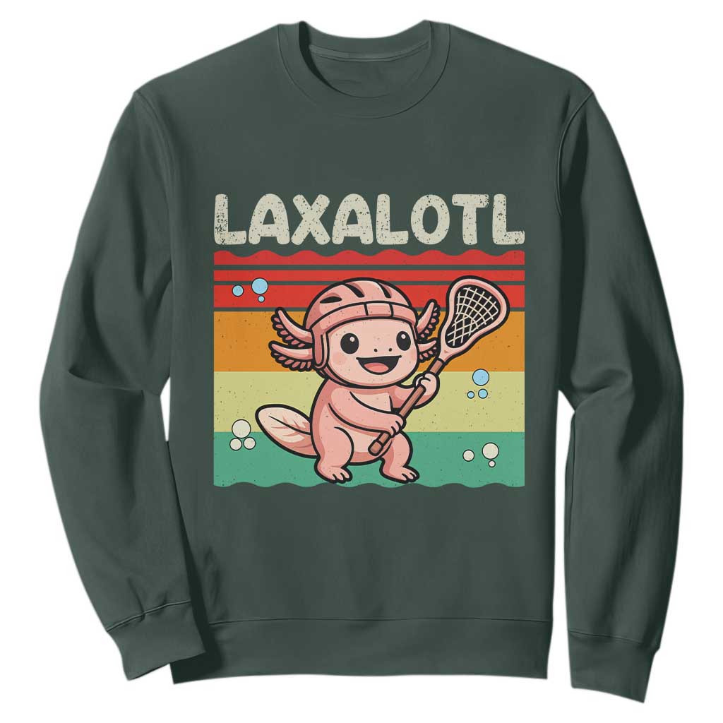 Funny Axolotl Lacrosse LAX Laxalotl Sweatshirt Lacrosse Player Retro Vintage TS11 Dark Forest Green Print Your Wear