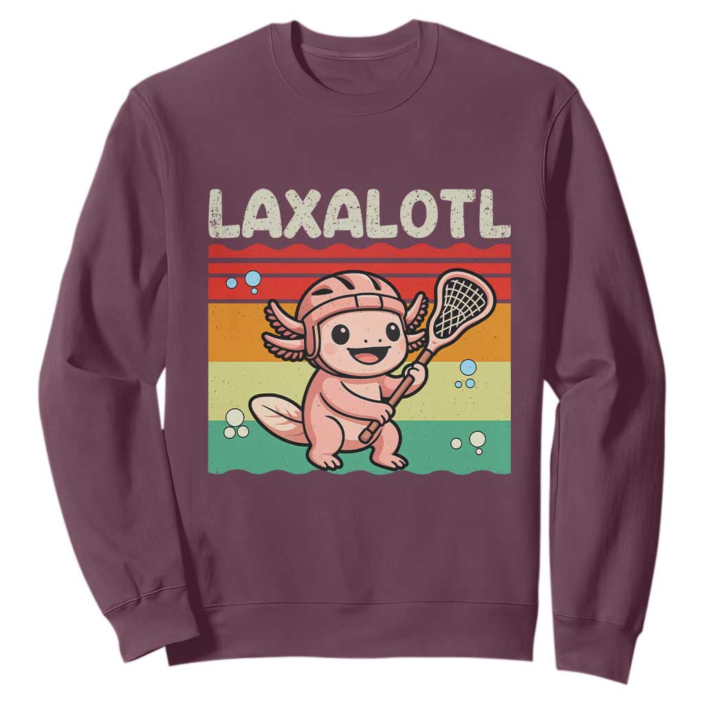 Funny Axolotl Lacrosse LAX Laxalotl Sweatshirt Lacrosse Player Retro Vintage TS11 Maroon Print Your Wear