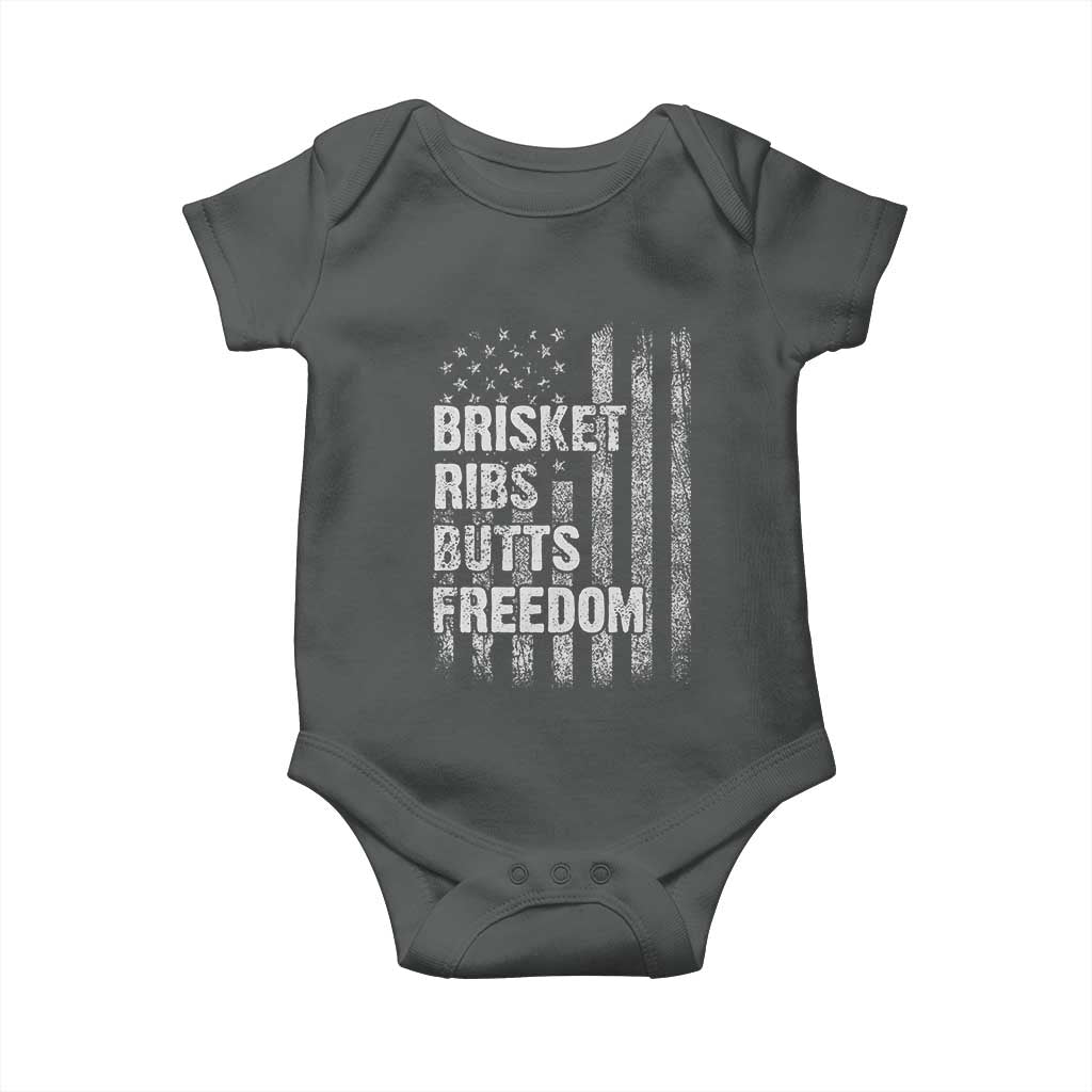 Funny BBQ Brisket Ribs Butts Freedom Baby Onesie 4th Of July Meat Smoking American Flag TS11 Dark Heather Print Your Wear