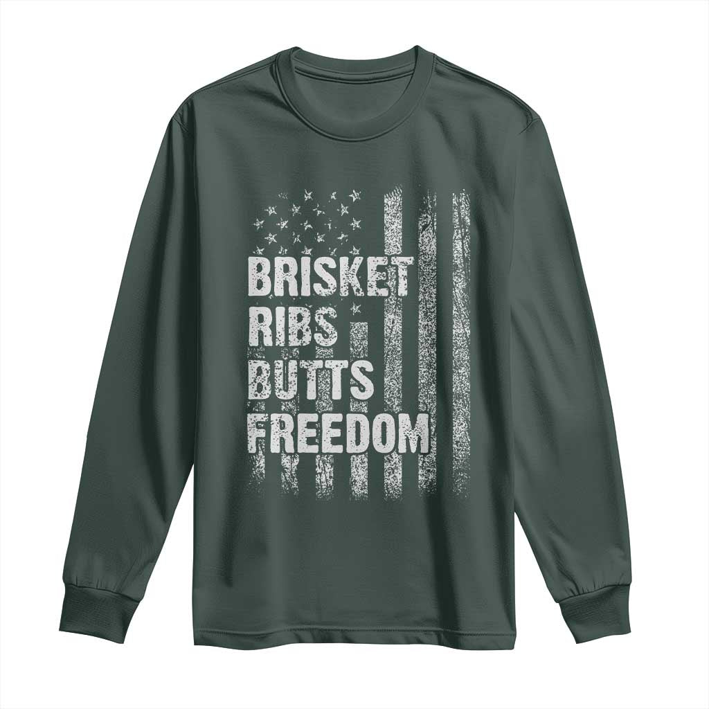 Funny BBQ Brisket Ribs Butts Freedom Long Sleeve Shirt 4th Of July Meat Smoking American Flag TS11 Dark Forest Green Print Your Wear