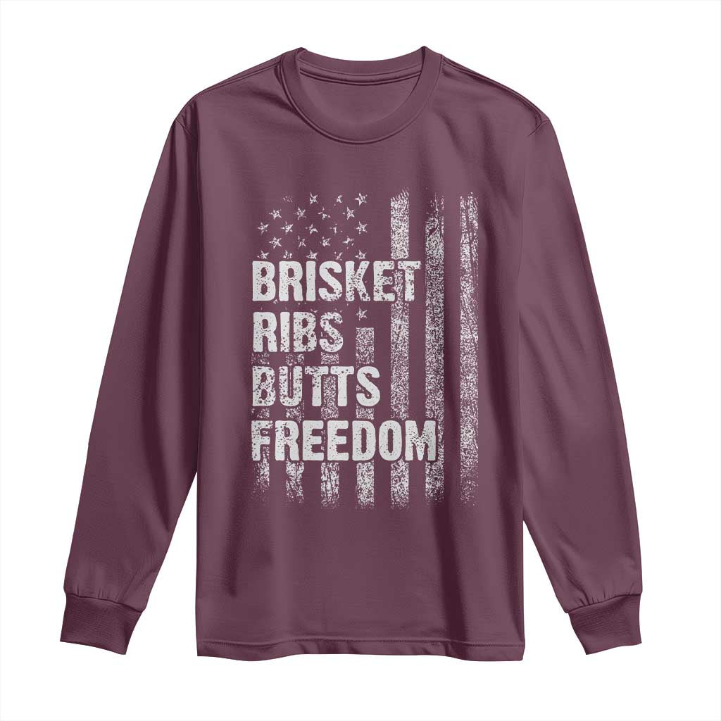Funny BBQ Brisket Ribs Butts Freedom Long Sleeve Shirt 4th Of July Meat Smoking American Flag TS11 Maroon Print Your Wear