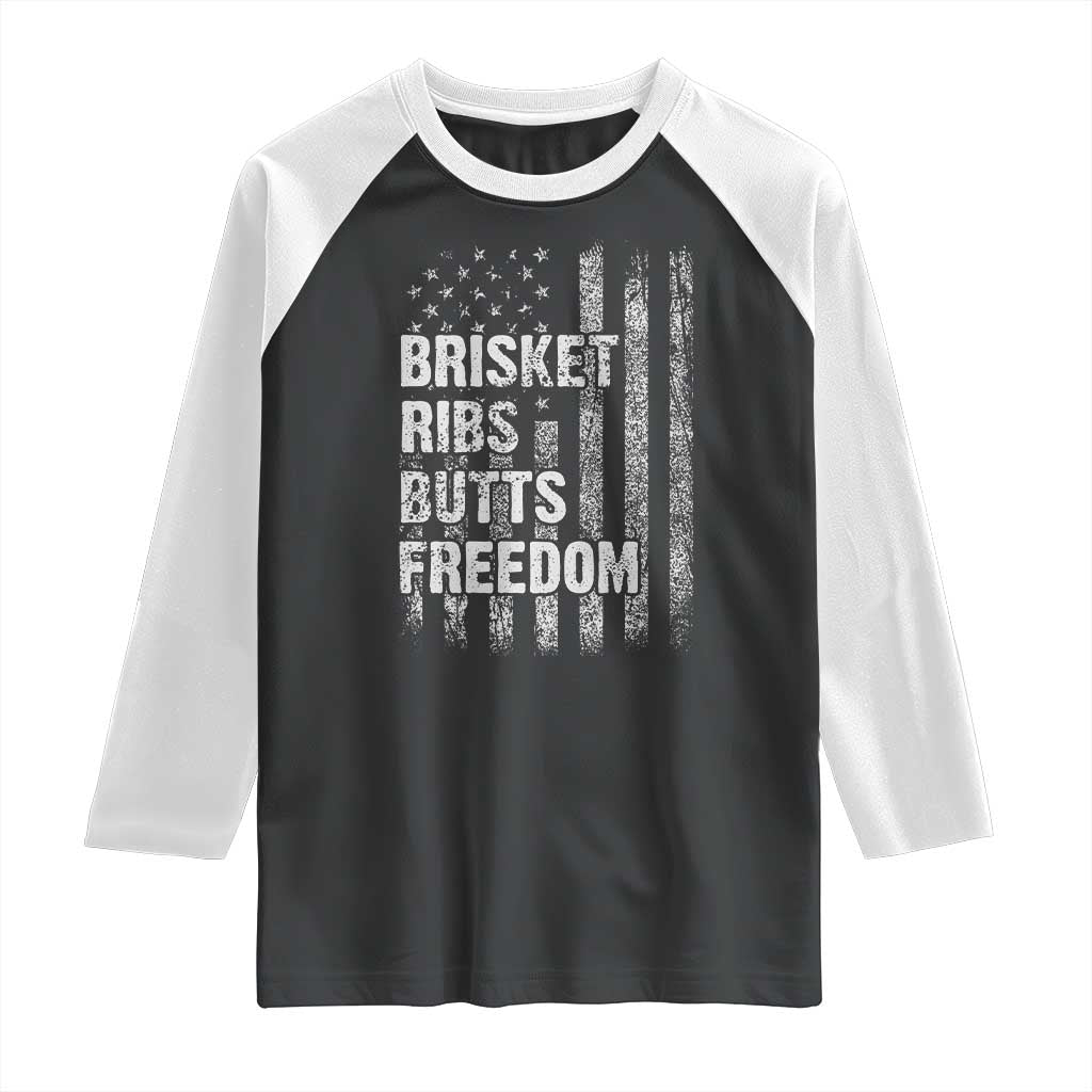 Funny BBQ Brisket Ribs Butts Freedom Raglan Shirt 4th Of July Meat Smoking American Flag TS11 Black White Print Your Wear